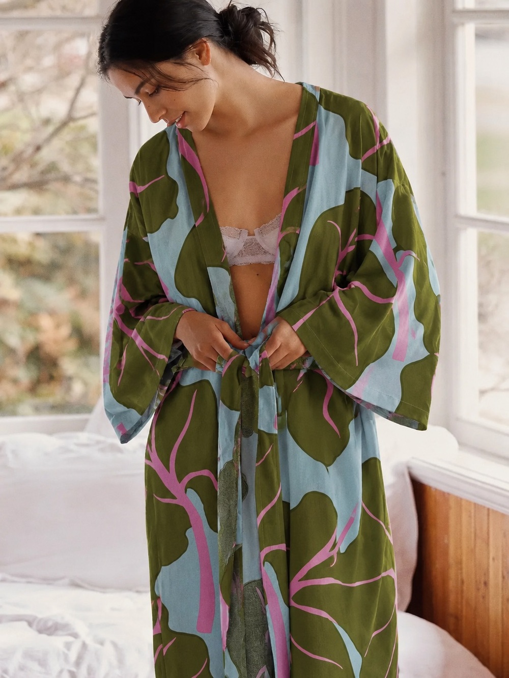 IKEA x Marimekko BASTUA Rhubarb Leaf Kimono Robe One Size